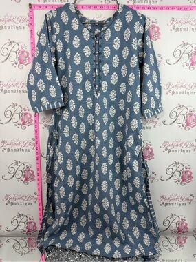 Dress long style Blue Block Print Tunic Dress with White Leaf Pattern